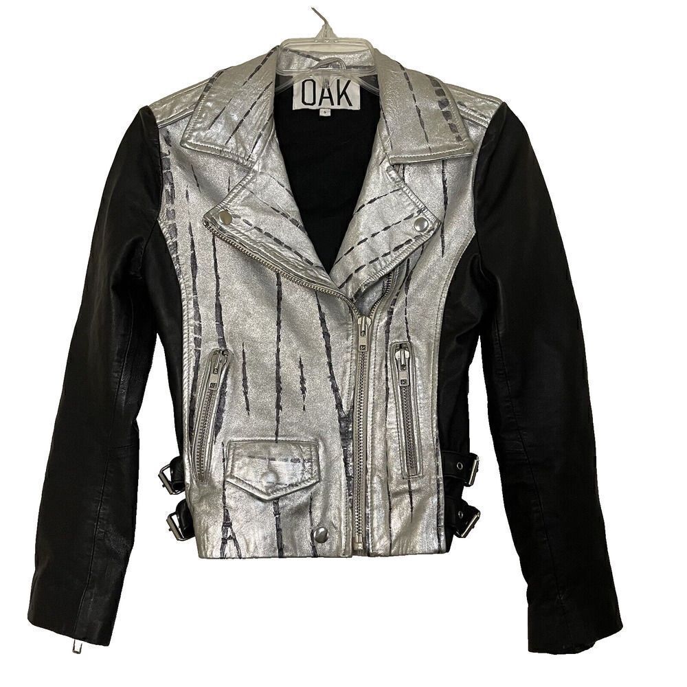 OAK Genuine Leather Black and silver metallic motorcycle riding zip up jacket S - Picture 3 of 8